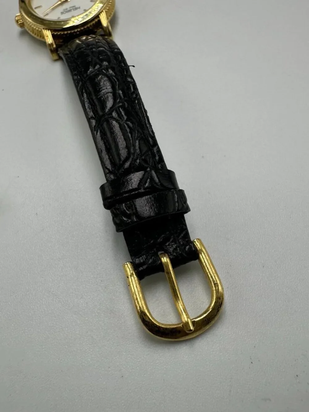 Helbros Watch Women Gold Tone Small 24MM Round Dial Black Band New Battery 8
